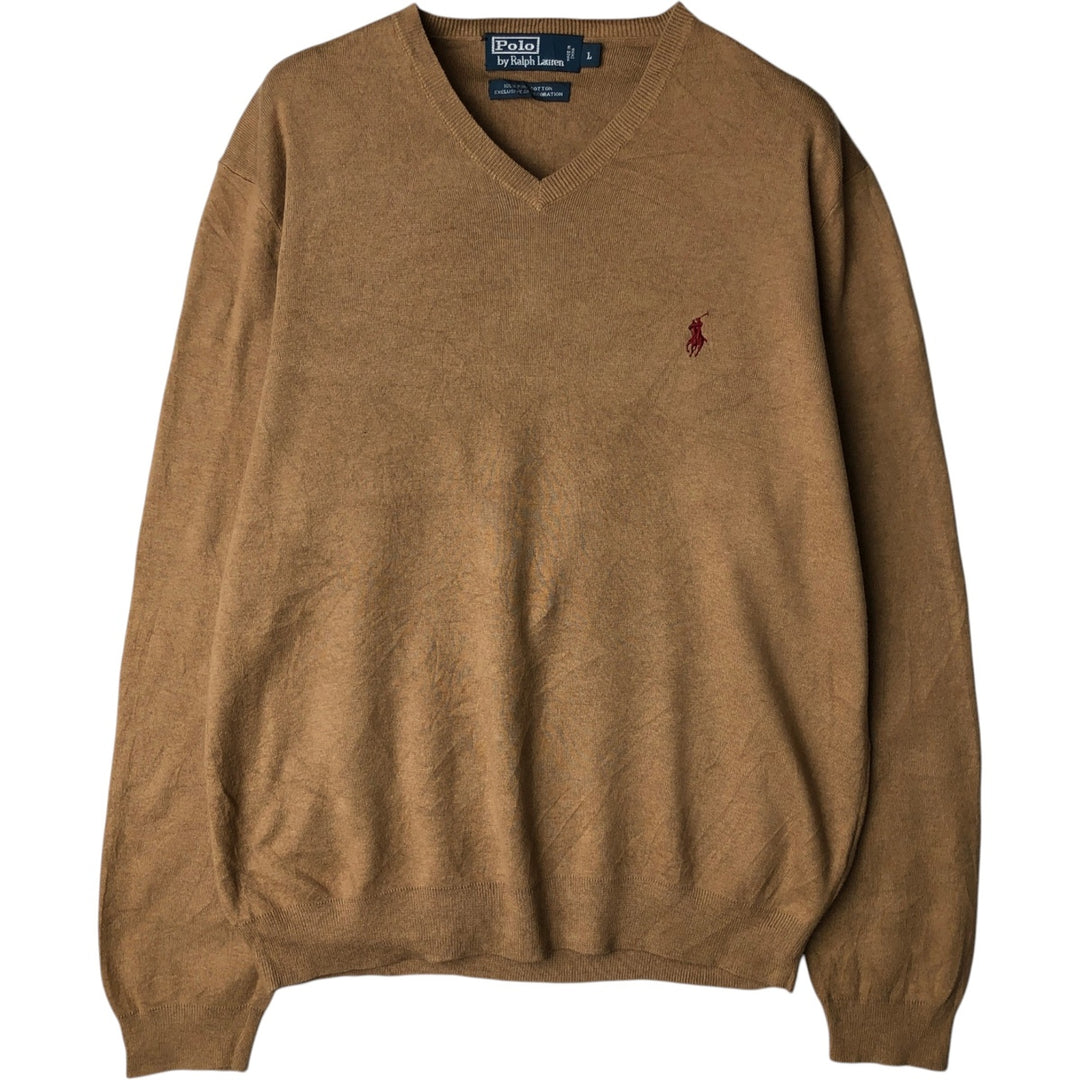 Ralph Lauren POLO by Ralph Lauren V-neck cotton knit sweater, men's size L Pima Cotton brown type Vintage Second Hand