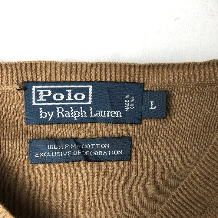 Ralph Lauren POLO by Ralph Lauren V-neck cotton knit sweater, men's size L Pima Cotton brown type Vintage Second Hand