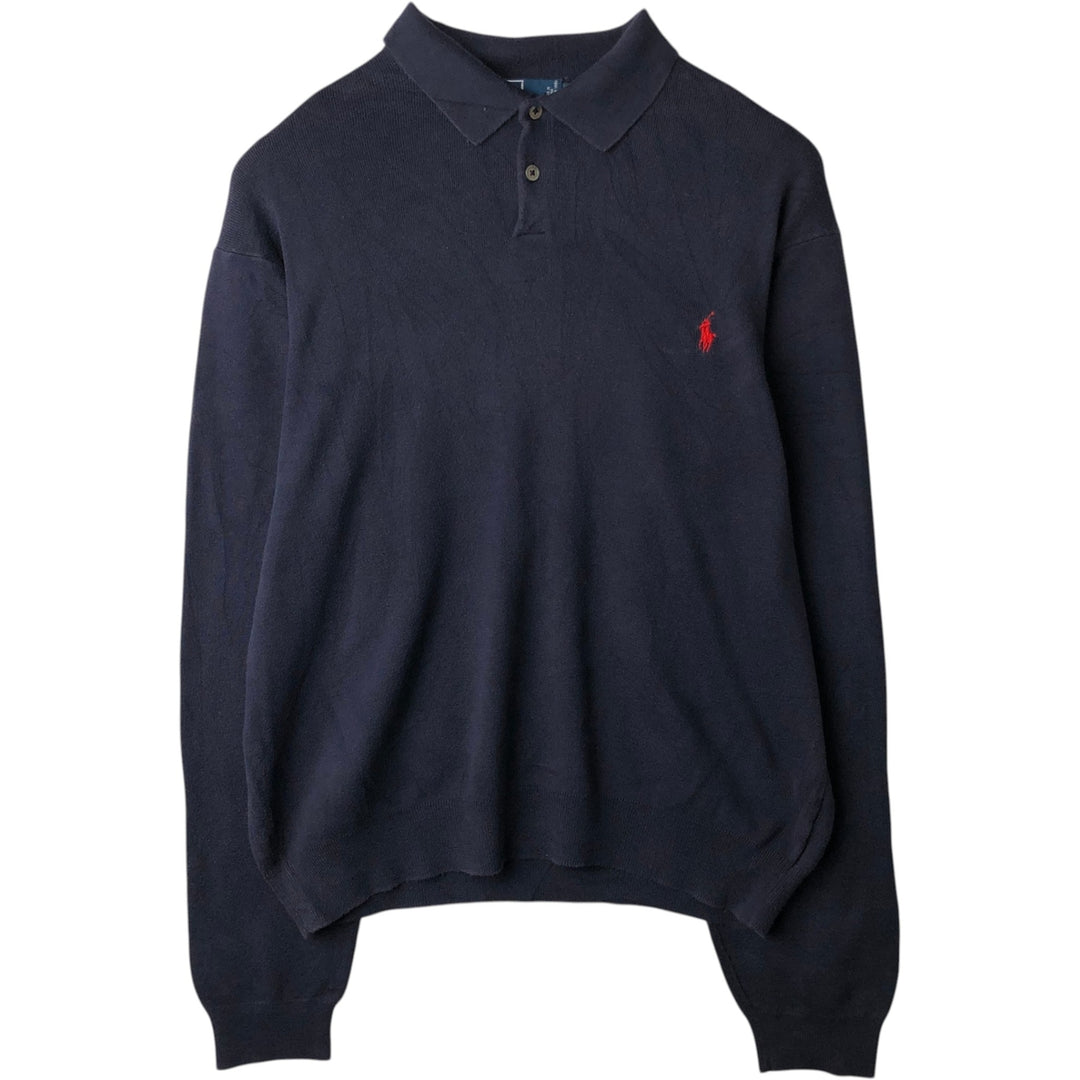 Ralph Lauren POLO by Ralph Lauren Cotton Knit Half-Button Sweater, Men's Size XL (approx.) Pima Cotton navy blue type Vintage Second Hand