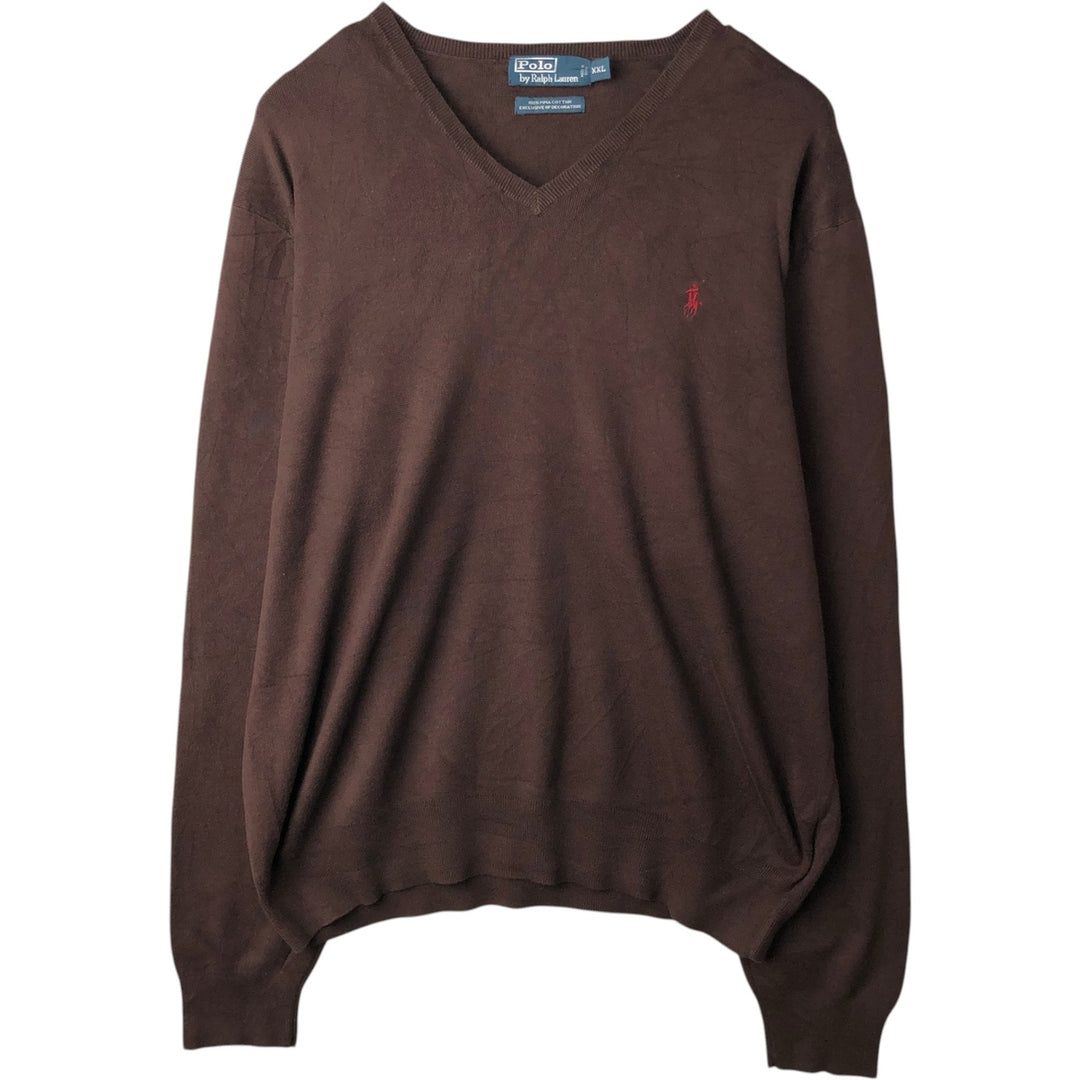 Ralph Lauren POLO by Ralph Lauren V-neck Pima cotton knit sweater, men's size XXL Pima Cotton brown type Vintage Second Hand
