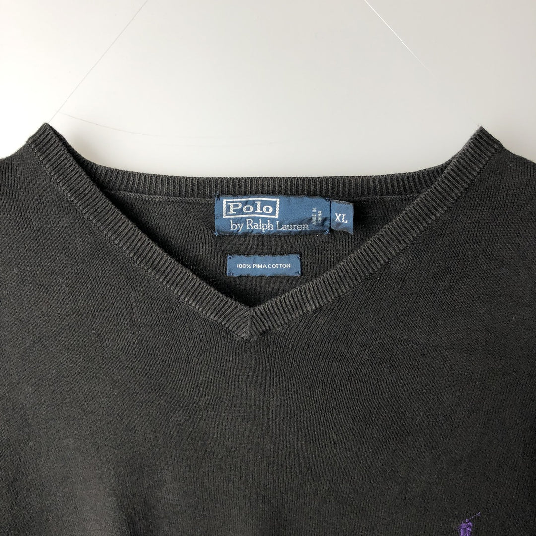 Ralph Lauren POLO by Ralph Lauren V-neck Pima cotton knit sweater, men's size XL Pima Cotton Charcoal Vintage Second Hand