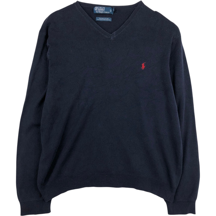 Ralph Lauren POLO by Ralph Lauren V-neck Pima cotton knit sweater, men's size XL Pima Cotton navy blue type Vintage Second Hand