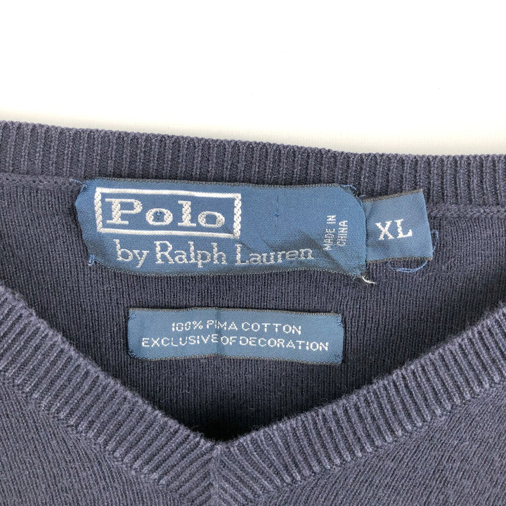 Ralph Lauren POLO by Ralph Lauren V-neck Pima cotton knit sweater, men's size XL Pima Cotton navy blue type Vintage Second Hand