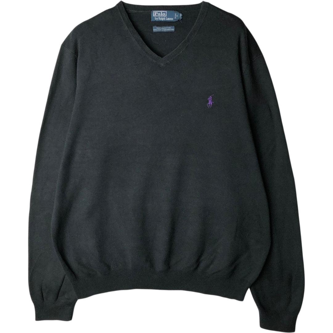 Ralph Lauren POLO by Ralph Lauren V-neck cotton knit sweater, men's XL size Pima Cotton navy blue type Vintage Second Hand