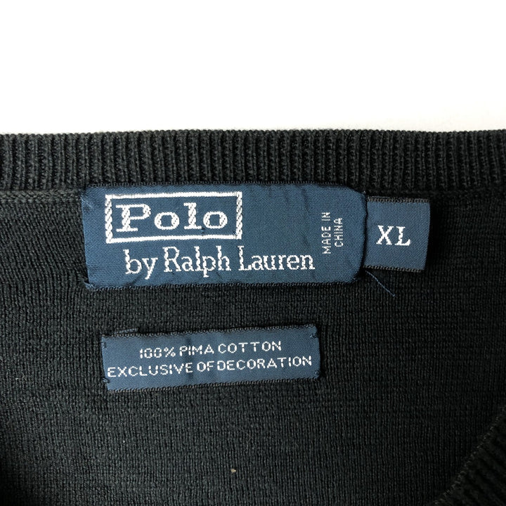 Ralph Lauren POLO by Ralph Lauren V-neck cotton knit sweater, men's XL size Pima Cotton navy blue type Vintage Second Hand