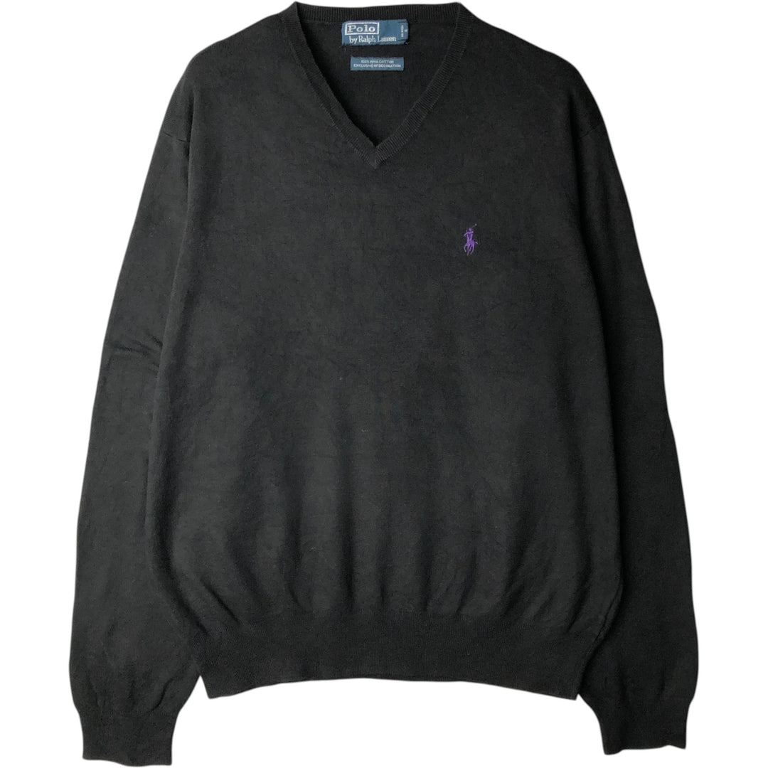 Ralph Lauren POLO by Ralph Lauren V-neck cotton knit sweater, men's size L Pima Cotton black type Vintage Second Hand