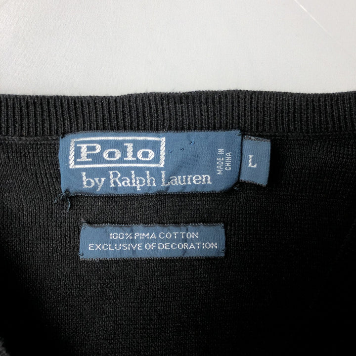 Ralph Lauren POLO by Ralph Lauren V-neck cotton knit sweater, men's size L Pima Cotton black type Vintage Second Hand
