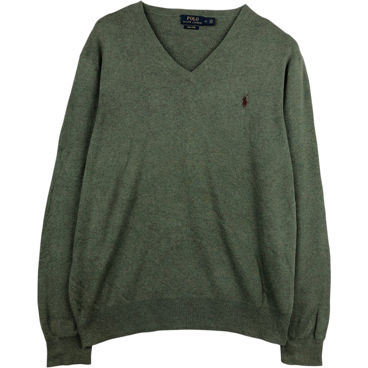 Ralph Lauren POLO RALPH LAUREN V-neck Pima cotton knit sweater, men's size L Pima Cotton Khaki type sage green Vintage Second Hand