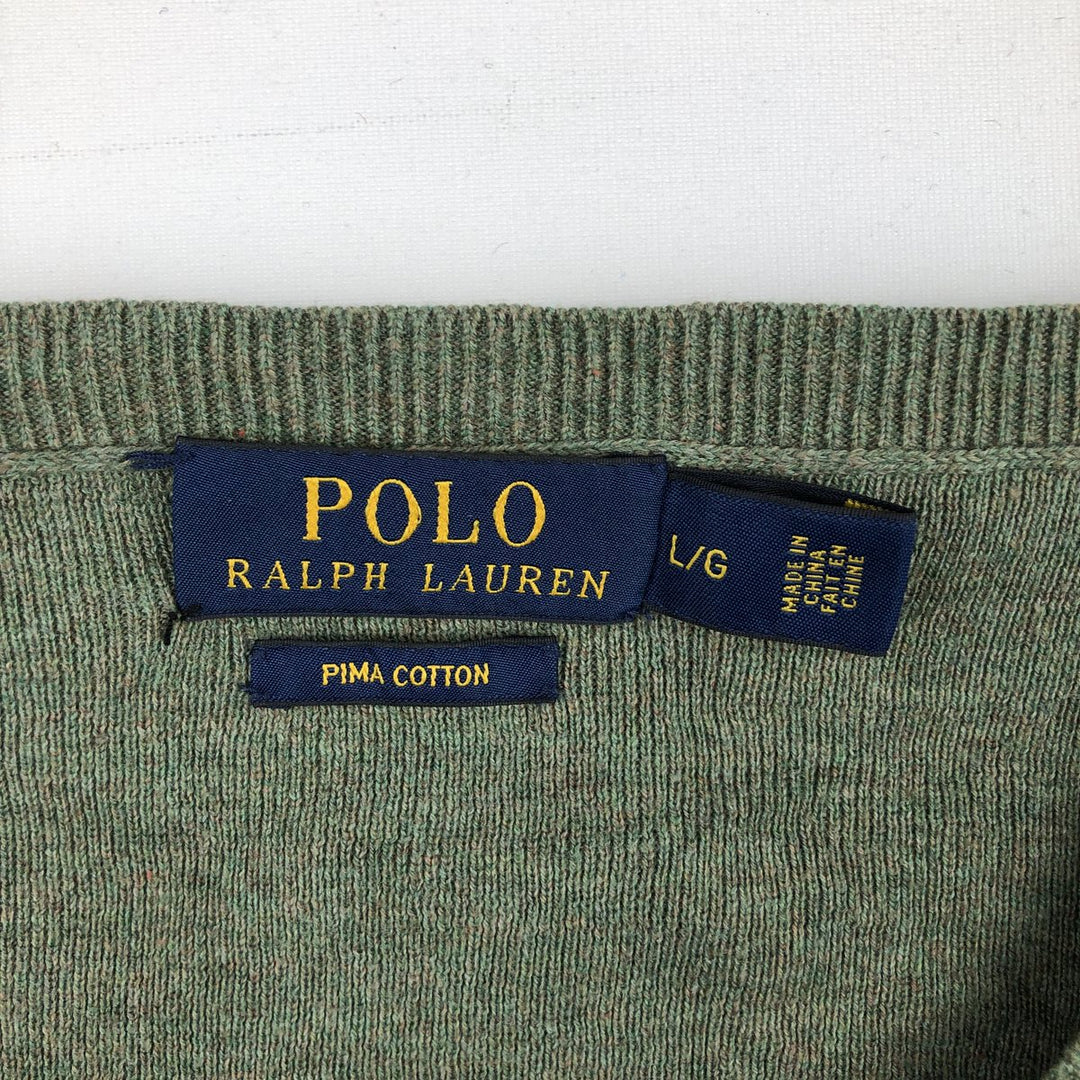 Ralph Lauren POLO RALPH LAUREN V-neck Pima cotton knit sweater, men's size L Pima Cotton Khaki type sage green Vintage Second Hand