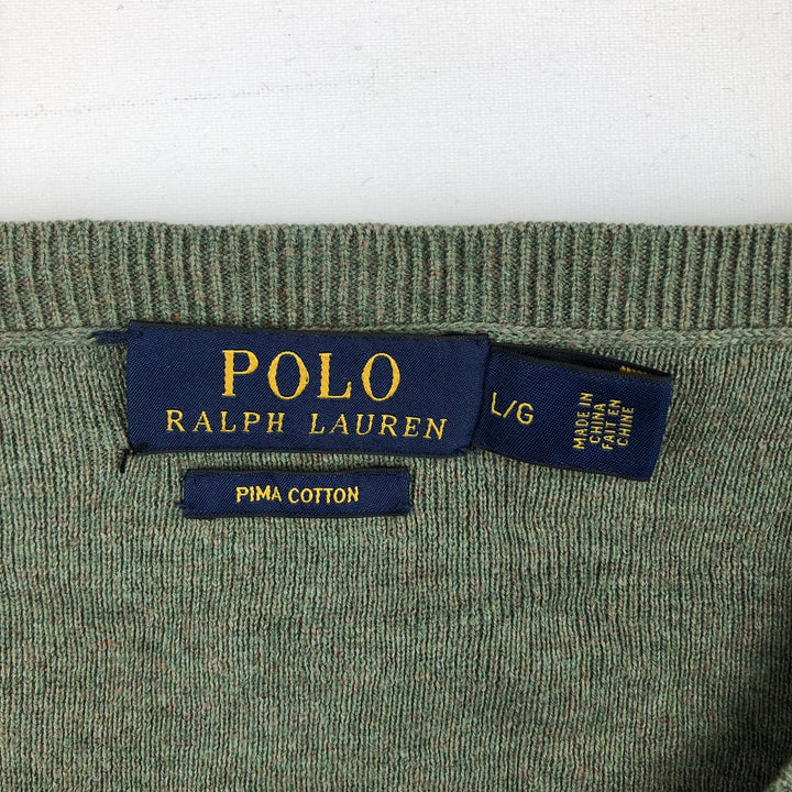 Ralph Lauren POLO RALPH LAUREN V-neck Pima cotton knit sweater, men's size L Pima Cotton Khaki type sage green Vintage Second Hand