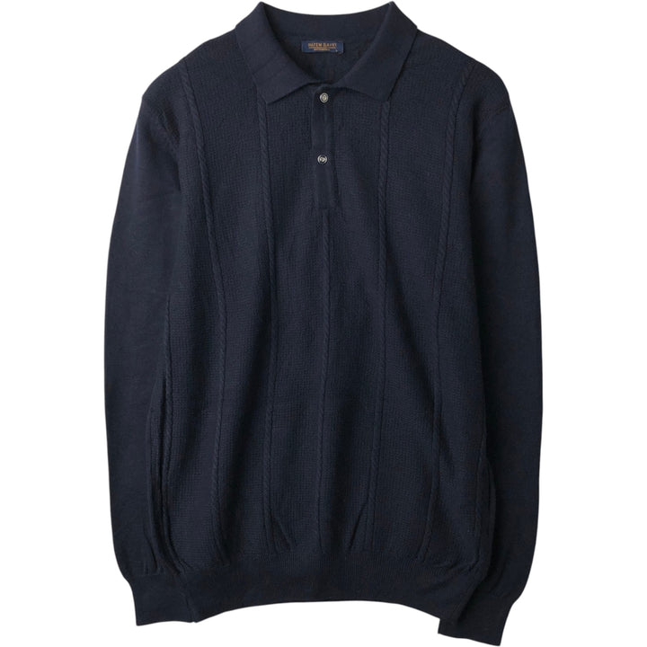 HATEM SAYKI Cable Knit Polo Sweater, Men's Size L (approx.) cotton navy blue type Vintage Second Hand