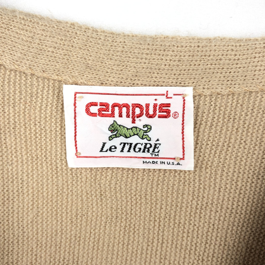 80'S Campus Le TIGR'E Acrylic Knit Cardigan, Made in USA, Men's Size L (approx.), Vintage acrylic Beige type Vintage Second Hand