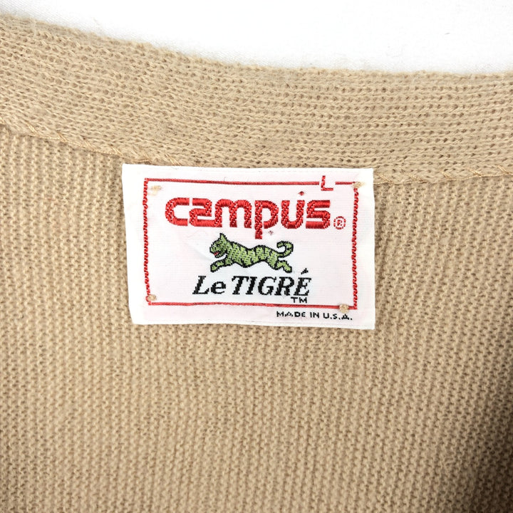 80'S Campus Le TIGR'E Acrylic Knit Cardigan, Made in USA, Men's Size L (approx.), Vintage acrylic Beige type Vintage Second Hand