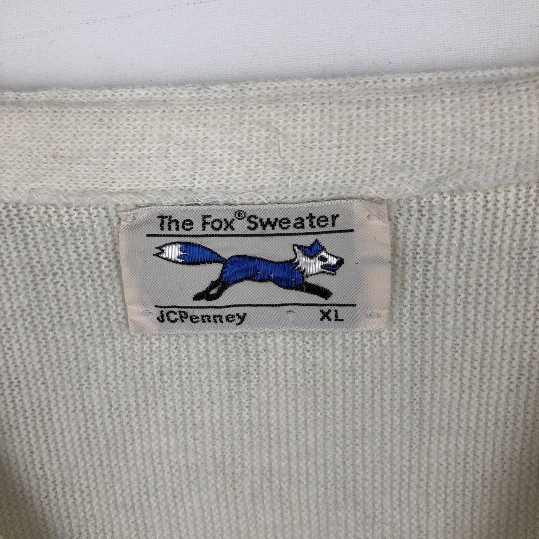 ~1980'S JCPenney The Fox Sweater Acrylic Knit Cardigan, Made in USA, Men's XL equivalent, Vintage Oron Acrylic white type Vintage Second Hand