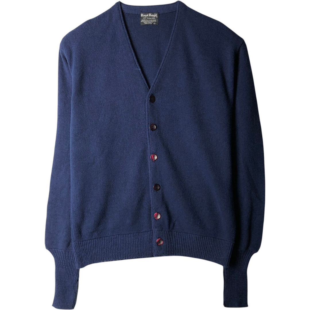 1970'S ROYAL KNIGHT Acrylic Knit Cardigan, Made in USA, Men's Size L (Equivalent), Vintage Oron Acrylic navy blue type Vintage Second Hand