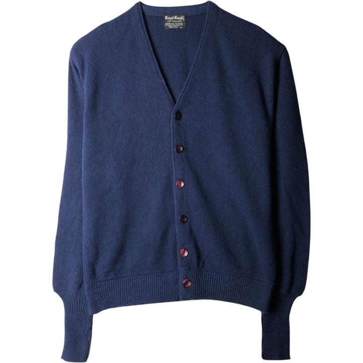 1970'S ROYAL KNIGHT Acrylic Knit Cardigan, Made in USA, Men's Size L (Equivalent), Vintage Oron Acrylic navy blue type Vintage Second Hand