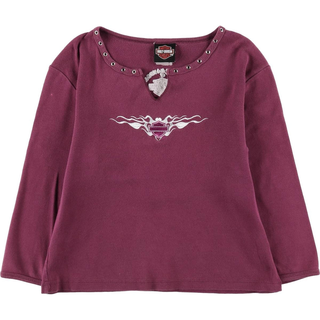 Harley-Davidson Tribal Motorcycle Slit Neck Long-Sleeve T-Shirt with Eyelets (Women's Size S) cotton Purple type red-purple Vintage Second Hand