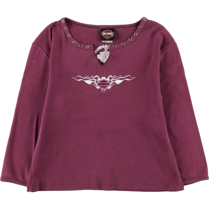 Harley-Davidson Tribal Motorcycle Slit Neck Long-Sleeve T-Shirt with Eyelets (Women's Size S) cotton Purple type red-purple Vintage Second Hand