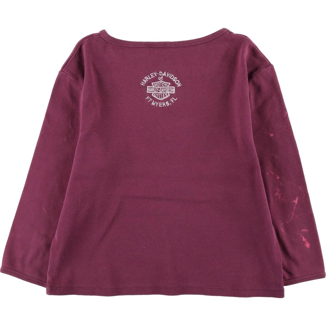 Harley-Davidson Tribal Motorcycle Slit Neck Long-Sleeve T-Shirt with Eyelets (Women's Size S) cotton Purple type red-purple Vintage Second Hand