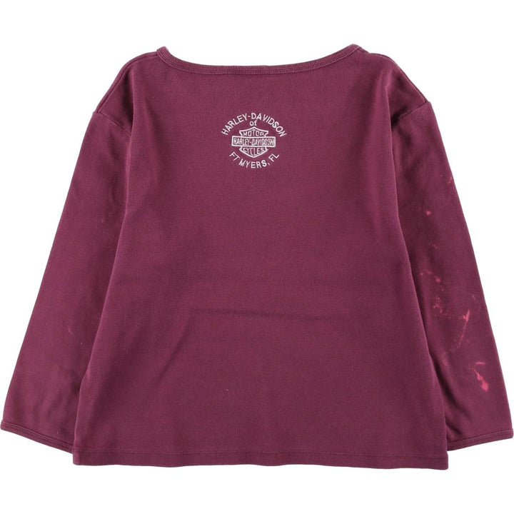 Harley-Davidson Tribal Motorcycle Slit Neck Long-Sleeve T-Shirt with Eyelets (Women's Size S) cotton Purple type red-purple Vintage Second Hand