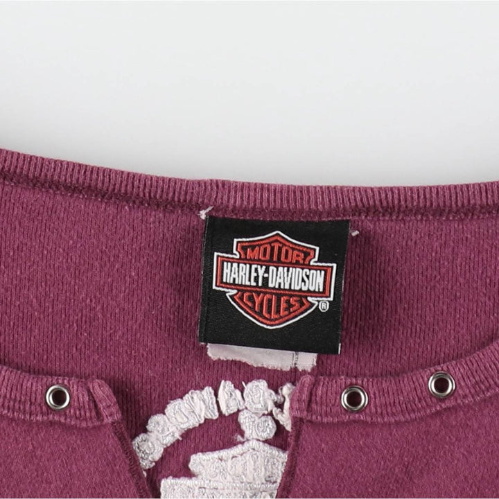 Harley-Davidson Tribal Motorcycle Slit Neck Long-Sleeve T-Shirt with Eyelets (Women's Size S) cotton Purple type red-purple Vintage Second Hand