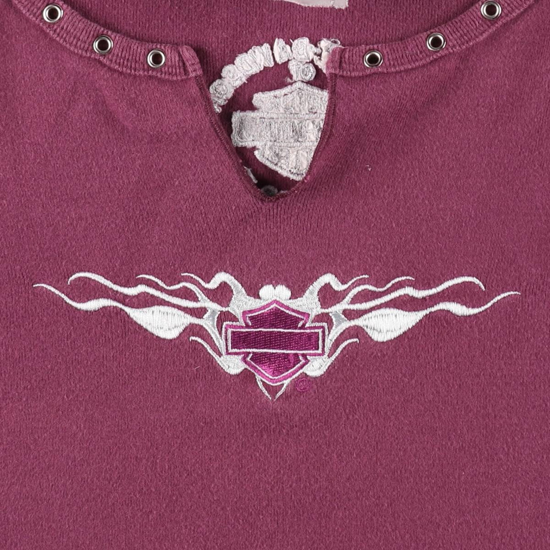 Harley-Davidson Tribal Motorcycle Slit Neck Long-Sleeve T-Shirt with Eyelets (Women's Size S) cotton Purple type red-purple Vintage Second Hand