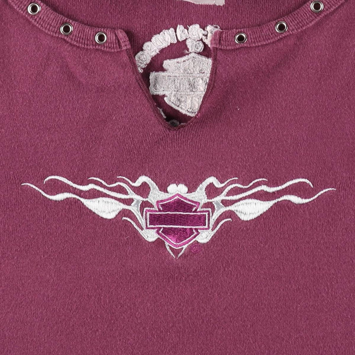 Harley-Davidson Tribal Motorcycle Slit Neck Long-Sleeve T-Shirt with Eyelets (Women's Size S) cotton Purple type red-purple Vintage Second Hand