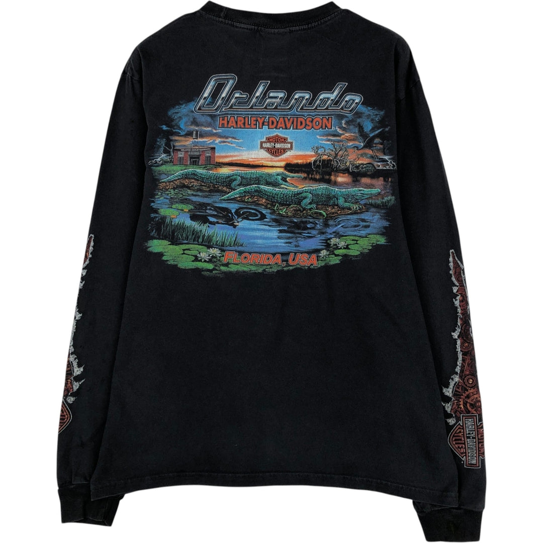 Harley-Davidson Animal Pattern Crocodile Pattern Long-Sleeve T-Shirt (Men's Size M) cotton black type Vintage Second Hand