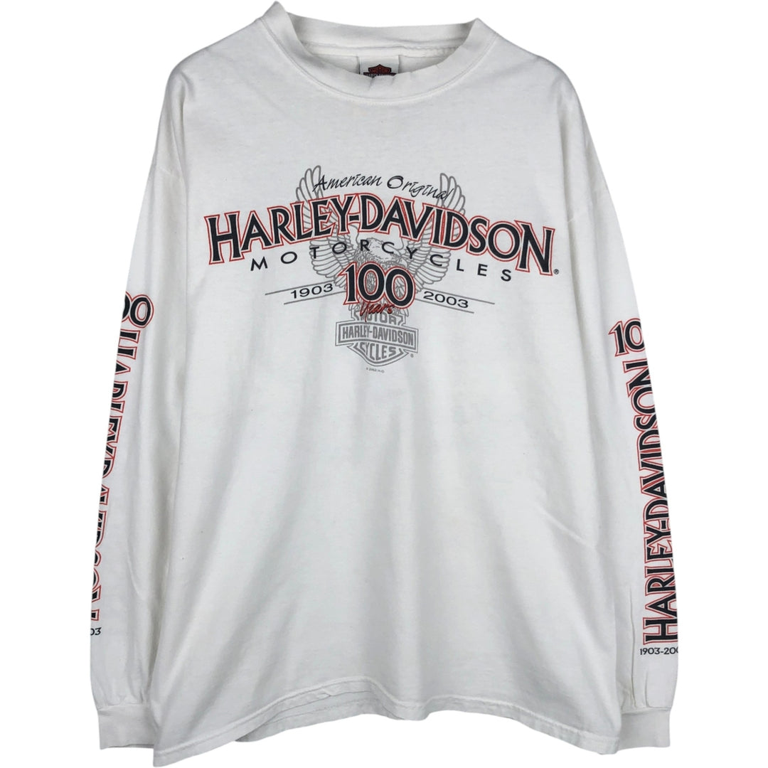 Harley-Davidson Eagle Pattern Long-Sleeve T-Shirt, Made in USA, Men's Size L (approx.) cotton white type Vintage Second Hand