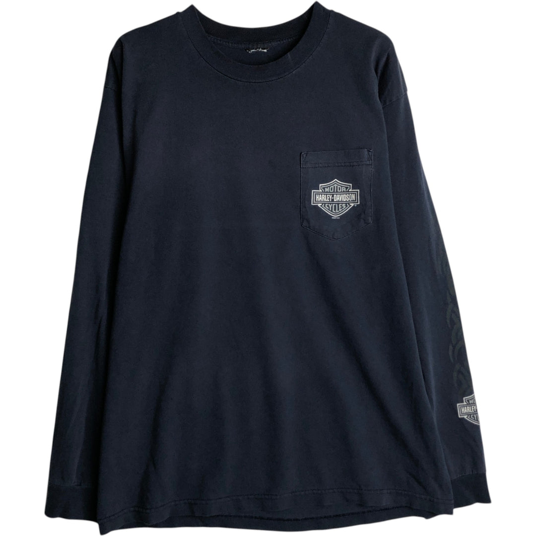 2000'S Harley-Davidson Eagle Pattern Tribal Motorcycle Long-Sleeve T-Shirt (Men's Size L) unclear navy blue type Vintage Second Hand