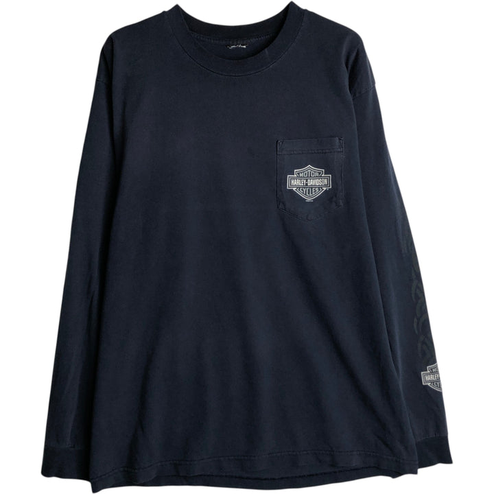 2000'S Harley-Davidson Eagle Pattern Tribal Motorcycle Long-Sleeve T-Shirt (Men's Size L) unclear navy blue type Vintage Second Hand