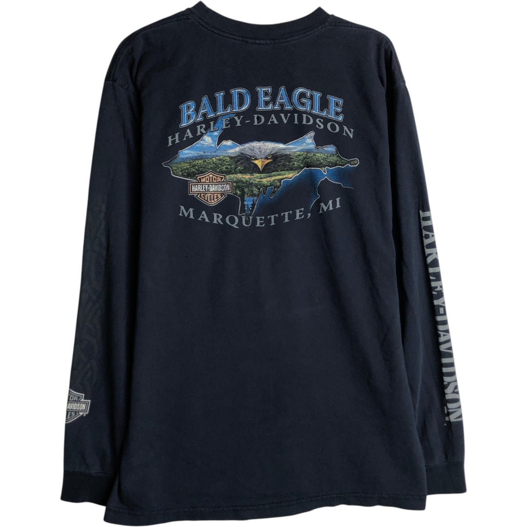 2000'S Harley-Davidson Eagle Pattern Tribal Motorcycle Long-Sleeve T-Shirt (Men's Size L) unclear navy blue type Vintage Second Hand