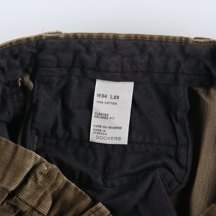 2000'S Dockers Pleated Relaxed Fit Two-Pleat Corduroy Pants, Men's Size W34 (approx.) cotton Khaki type brown Vintage Second Hand