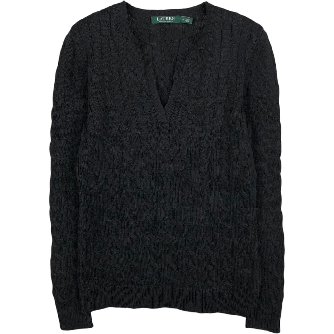 Ralph Lauren LAUREN Cable Knit Slit Neck Cotton Sweater, Women's Size S (approx.) cotton black type Vintage Second Hand