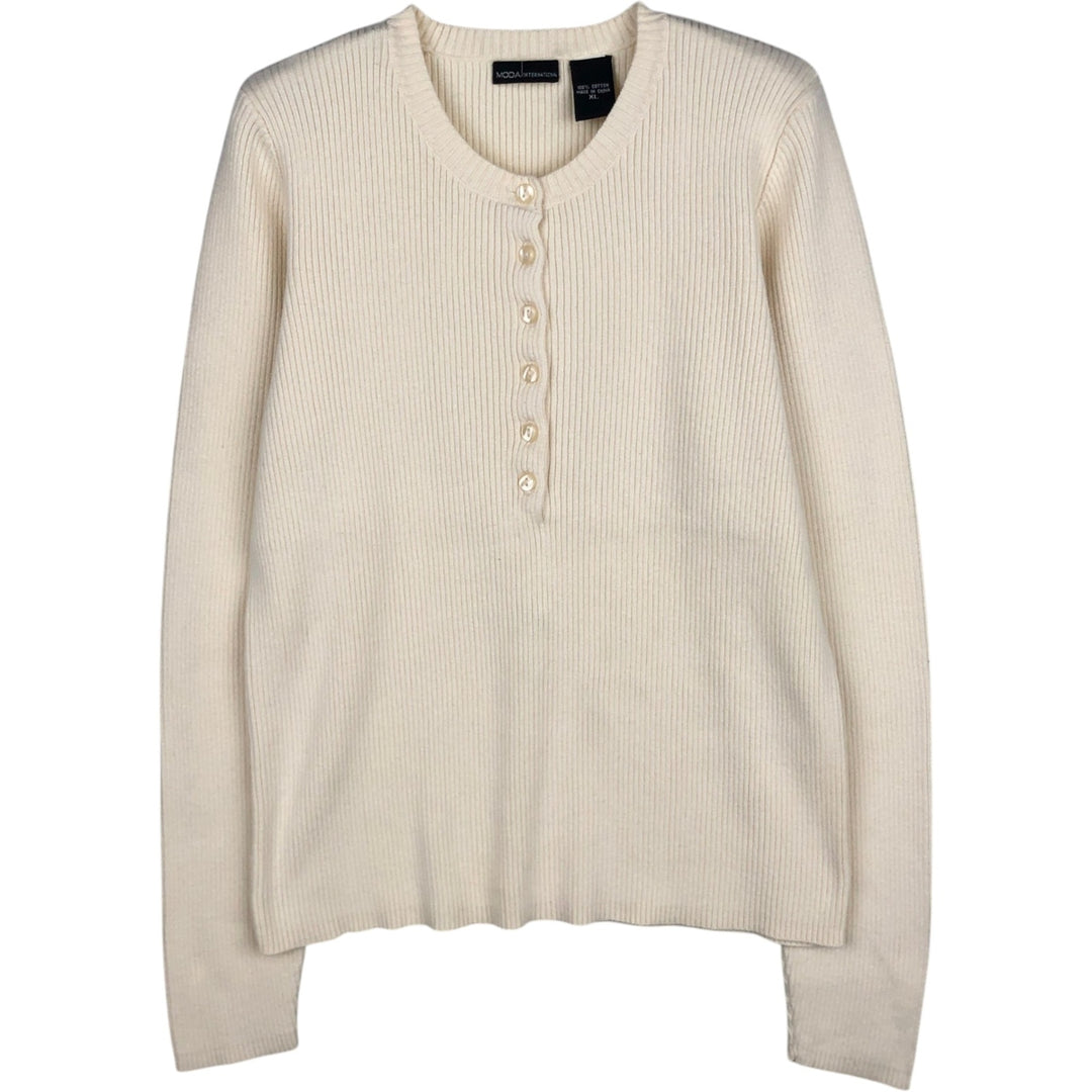 MODA INTERNATIONAL Rib-Knit Henley Neck Cotton Sweater, Women's Size XL (approx.) cotton ivory Vintage Second Hand