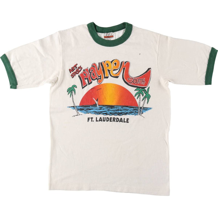 ~1980'S Hanes Poly-Cotton Orange Tag Ringer T-Shirt, Made in USA, Women's Size S (Equivalent), Vintage cotton white type Vintage Second Hand