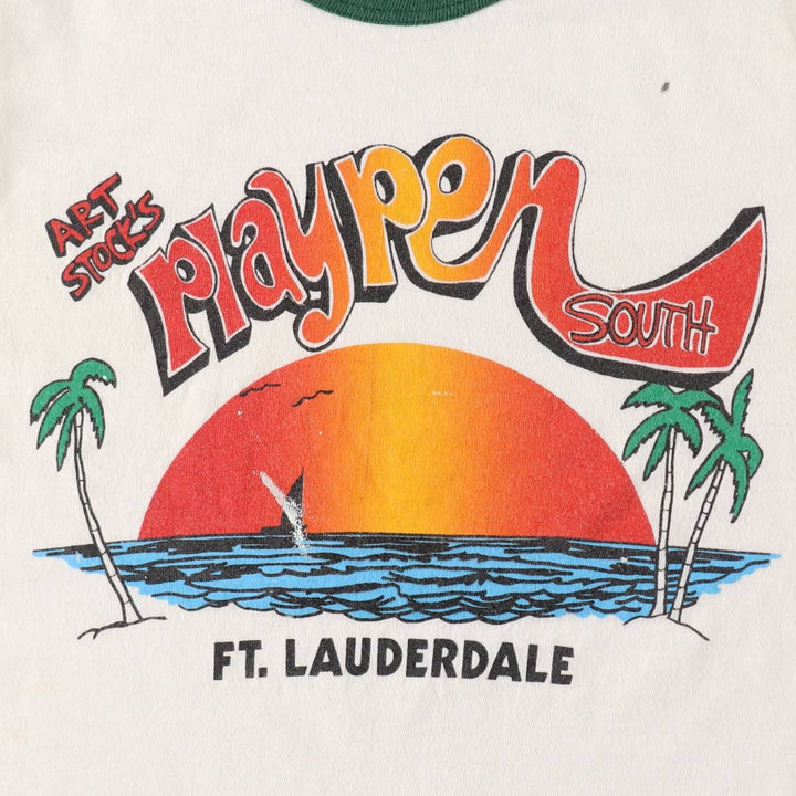 ~1980'S Hanes Poly-Cotton Orange Tag Ringer T-Shirt, Made in USA, Women's Size S (Equivalent), Vintage cotton white type Vintage Second Hand
