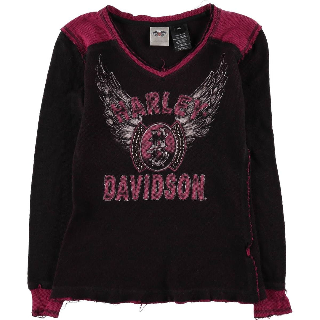 Harley-Davidson Studded V-Neck Motorcycle Thermal Long-Sleeve T-Shirt, Honeycomb Pattern, Women's Size XS (approx.) cotton black type Vintage Second Hand