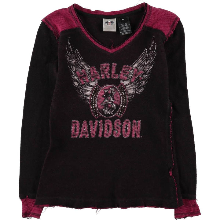 Harley-Davidson Studded V-Neck Motorcycle Thermal Long-Sleeve T-Shirt, Honeycomb Pattern, Women's Size XS (approx.) cotton black type Vintage Second Hand