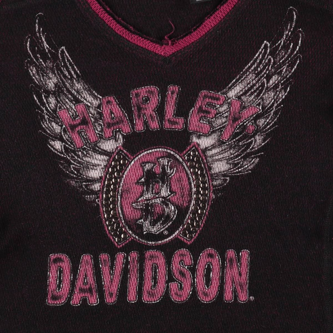 Harley-Davidson Studded V-Neck Motorcycle Thermal Long-Sleeve T-Shirt, Honeycomb Pattern, Women's Size XS (approx.) cotton black type Vintage Second Hand