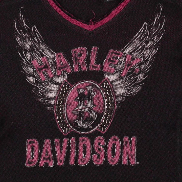 Harley-Davidson Studded V-Neck Motorcycle Thermal Long-Sleeve T-Shirt, Honeycomb Pattern, Women's Size XS (approx.) cotton black type Vintage Second Hand