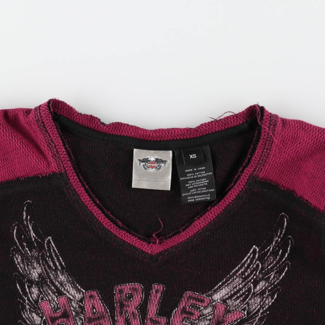Harley-Davidson Studded V-Neck Motorcycle Thermal Long-Sleeve T-Shirt, Honeycomb Pattern, Women's Size XS (approx.) cotton black type Vintage Second Hand