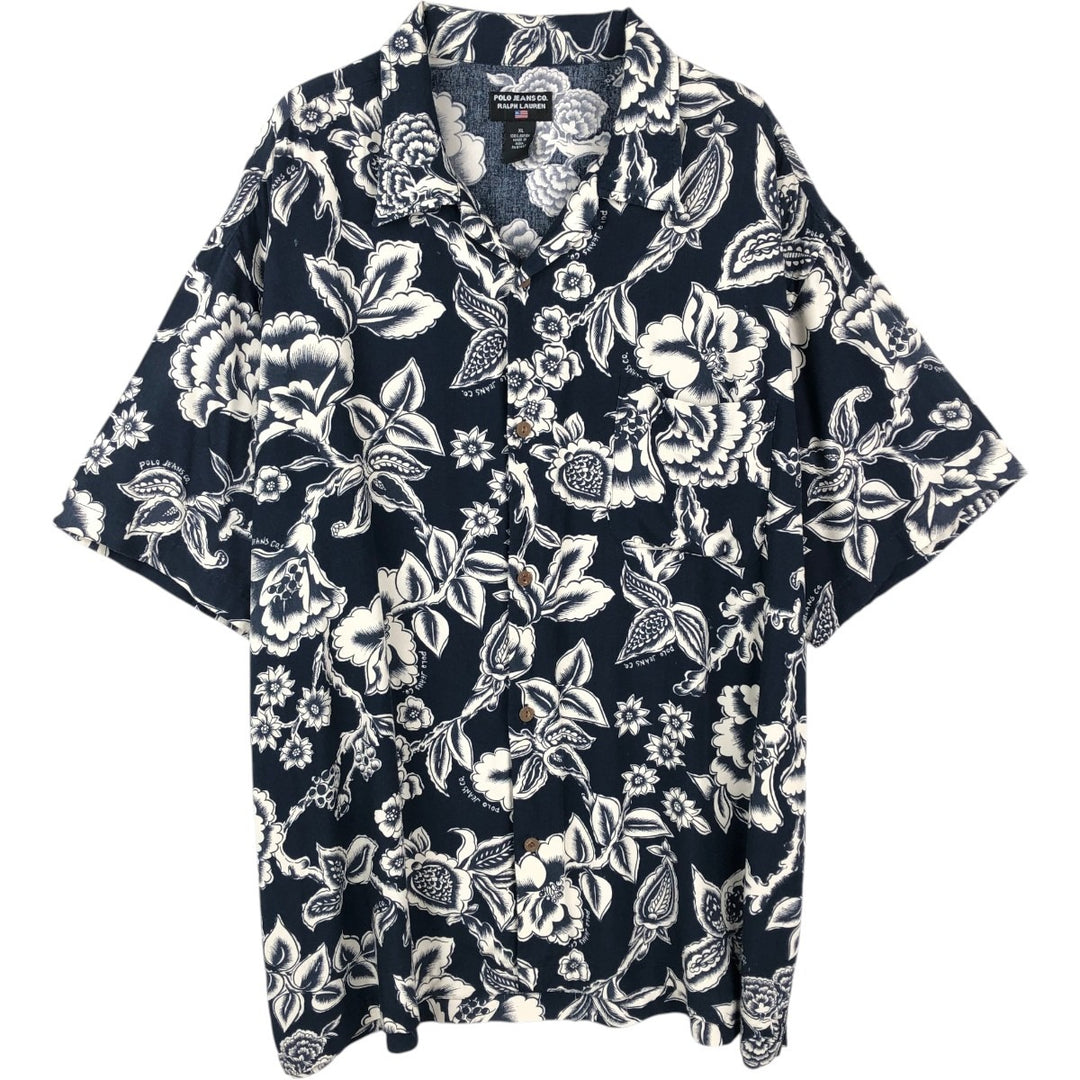 Ralph Lauren POLO JEANS COMPANY all-over floral print open collar rayon Hawaiian Aloha shirt, boxy fit, men's size XL equivalent. Rayon navy blue type Vintage Second Hand