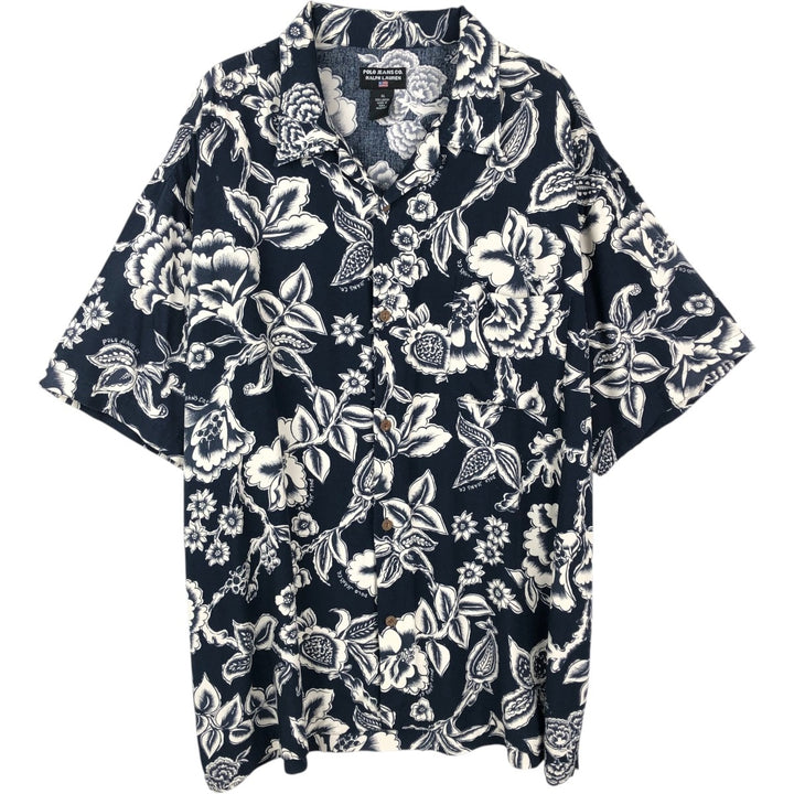 Ralph Lauren POLO JEANS COMPANY all-over floral print open collar rayon Hawaiian Aloha shirt, boxy fit, men's size XL equivalent. Rayon navy blue type Vintage Second Hand