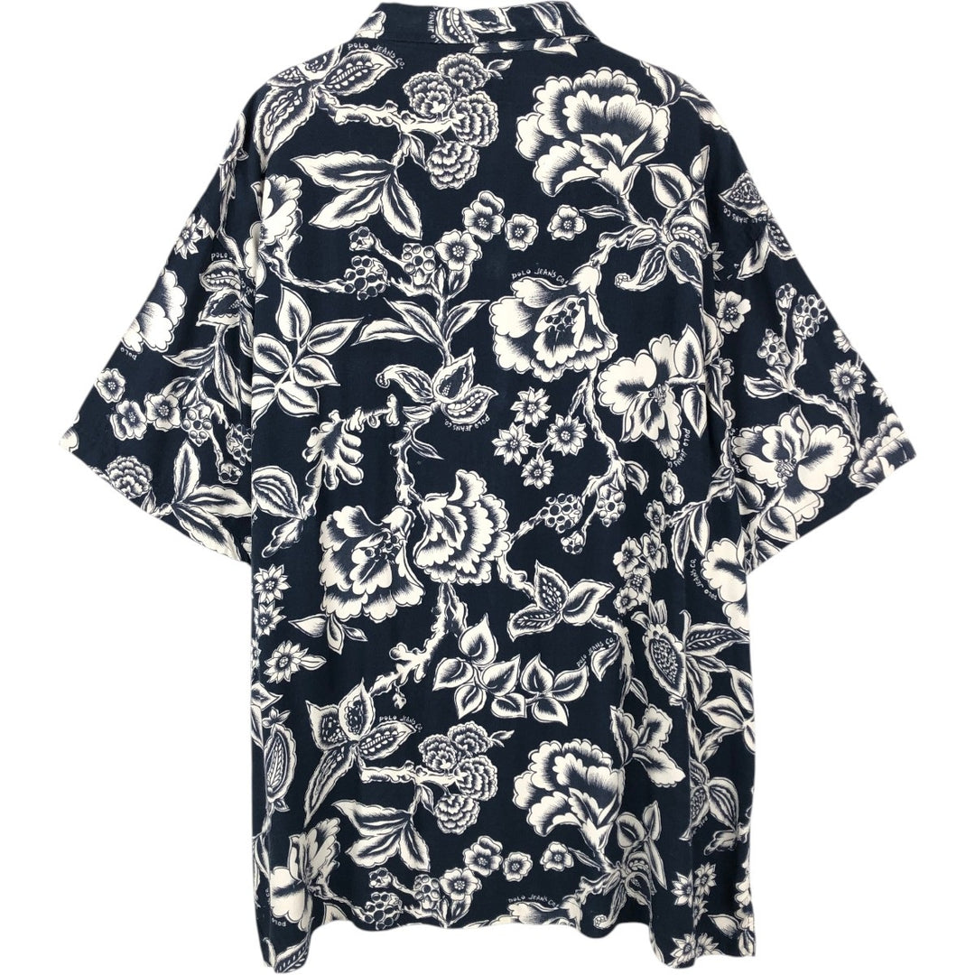 Ralph Lauren POLO JEANS COMPANY all-over floral print open collar rayon Hawaiian Aloha shirt, boxy fit, men's size XL equivalent. Rayon navy blue type Vintage Second Hand