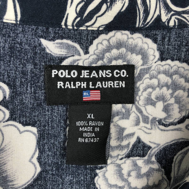 Ralph Lauren POLO JEANS COMPANY all-over floral print open collar rayon Hawaiian Aloha shirt, boxy fit, men's size XL equivalent. Rayon navy blue type Vintage Second Hand