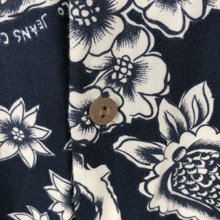 Ralph Lauren POLO JEANS COMPANY all-over floral print open collar rayon Hawaiian Aloha shirt, boxy fit, men's size XL equivalent. Rayon navy blue type Vintage Second Hand