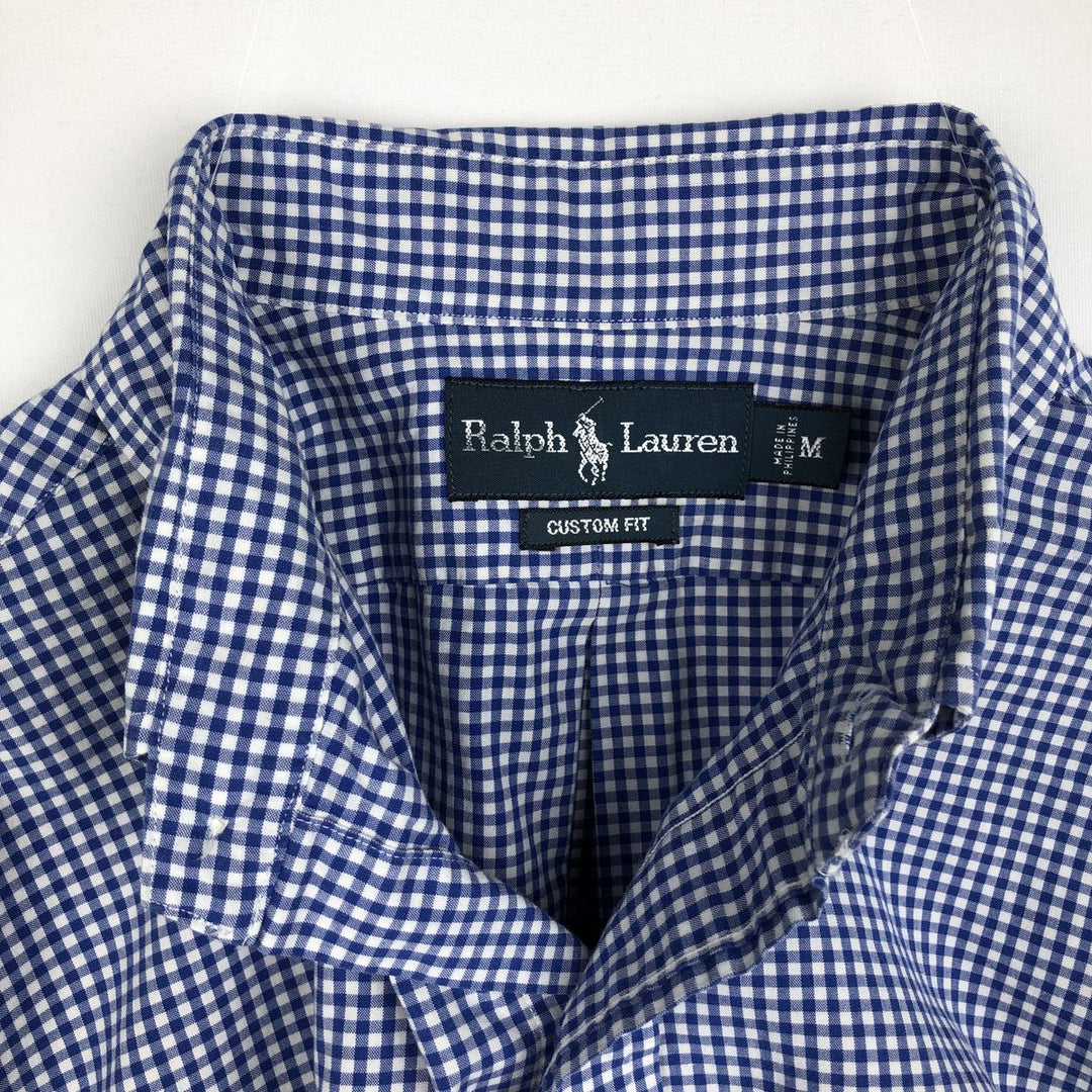 Ralph Lauren CUSTOM FIT Gingham Check Short-Sleeve Button-Down Check Shirt, Men's Size M (approx.) cotton blue type Vintage Second Hand