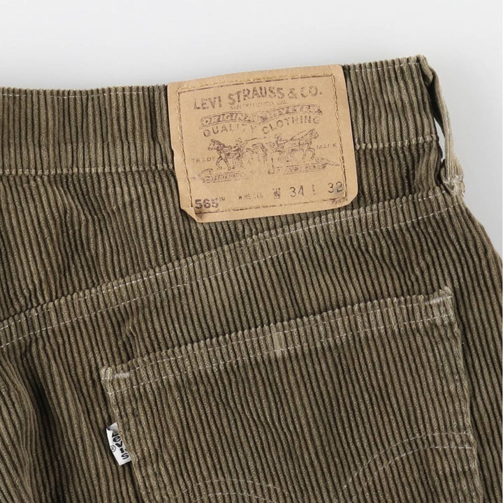 1990'S Levi's 565 Loose Fit Wide Leg Corduroy Pants, Made in USA, Men's Size W35 (approx.), Vintage cotton Khaki type sage green Vintage Second Hand