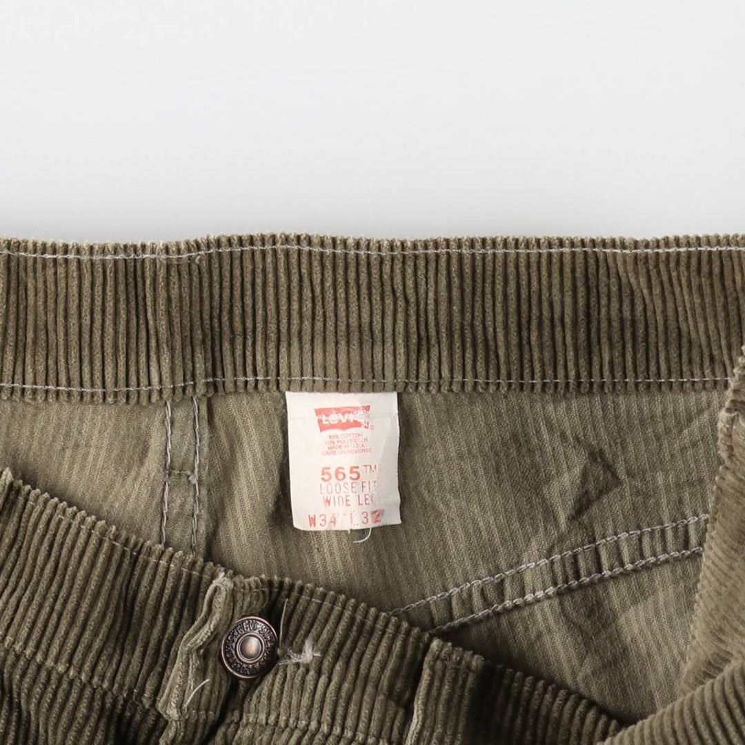 1990'S Levi's 565 Loose Fit Wide Leg Corduroy Pants, Made in USA, Men's Size W35 (approx.), Vintage cotton Khaki type sage green Vintage Second Hand